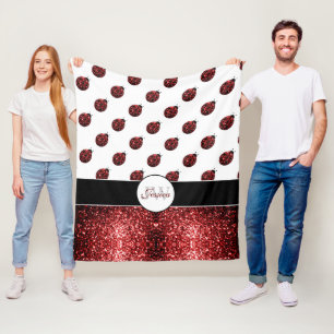 Dark red ladybug faux glitter sparkles Monogram Fleece Blanket