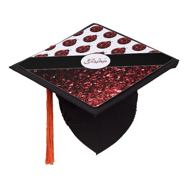 Dark red ladybug faux glitter sparkles Monogram Graduation Cap Topper (Angled)