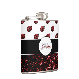 Dark red ladybug faux glitter sparkles Monogram Hip Flask