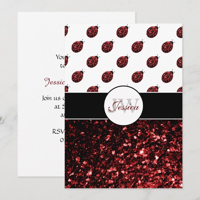 Dark red ladybug faux glitter sparkles Monogram Invitation (Front/Back)