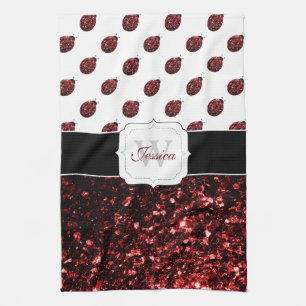 Dark red ladybug faux glitter sparkles Monogram Kitchen Towel