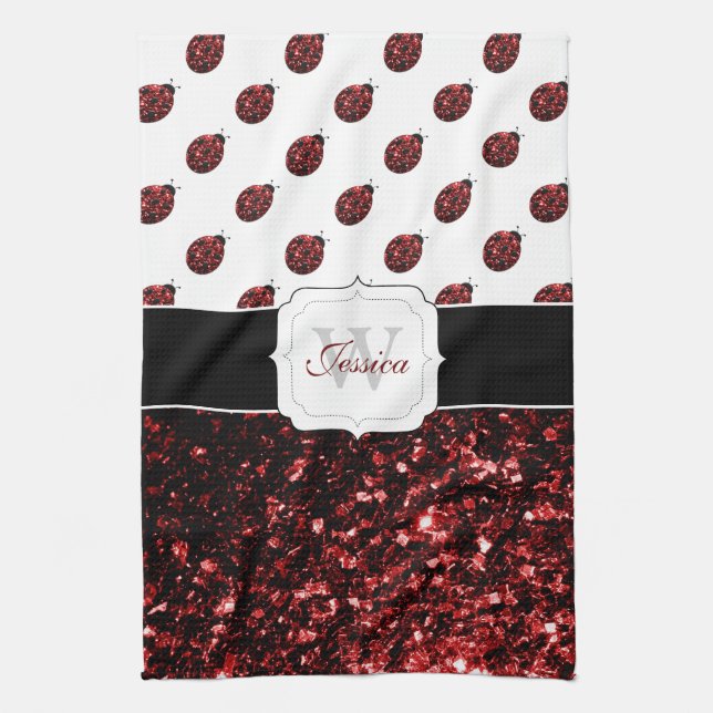 Dark red ladybug faux glitter sparkles Monogram Kitchen Towel (Vertical)