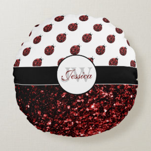 Dark red ladybug faux glitter sparkles Monogram Round Pillow