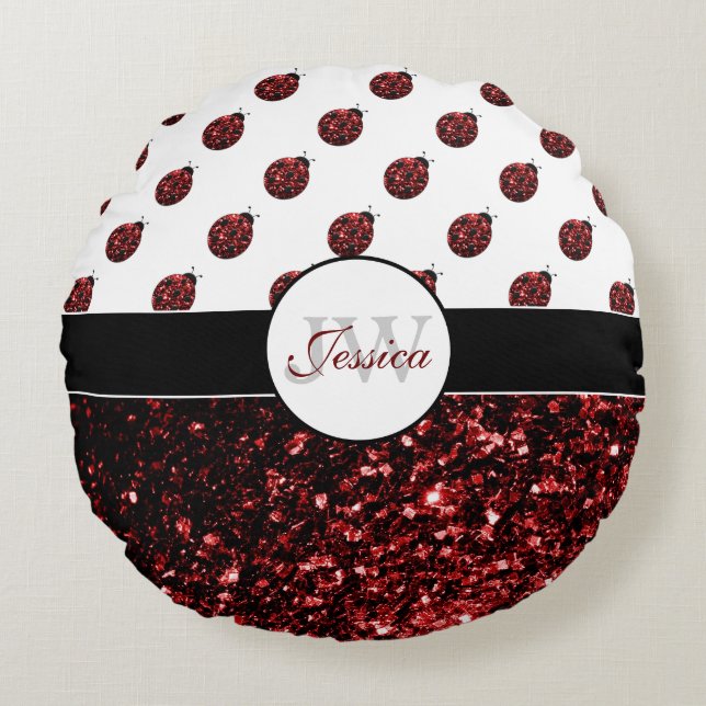 Dark red ladybug faux glitter sparkles Monogram Round Pillow (Front)