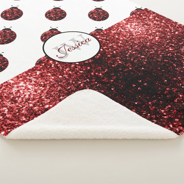 Dark red ladybug faux glitter sparkles Monogram Sherpa Blanket (3/4)