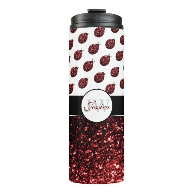 Dark red ladybug faux glitter sparkles Monogram Thermal Tumbler (Front)