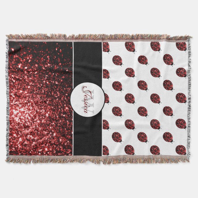 Dark red ladybug faux glitter sparkles Monogram Throw Blanket (Front)