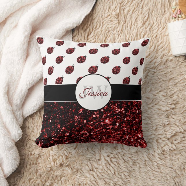 Dark red ladybug faux glitter sparkles Monogram Throw Pillow (Blanket)