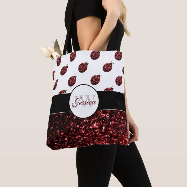 Dark red ladybug faux glitter sparkles Monogram Tote Bag (Close Up)