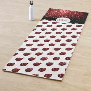 Dark red ladybug faux glitter sparkles Monogram Yoga Mat