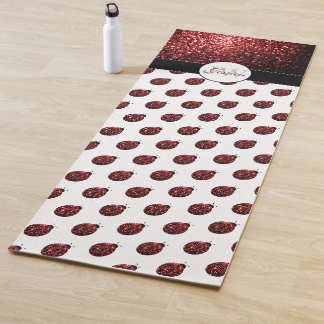Dark red ladybug faux glitter sparkles Monogram Yoga Mat (In Situ)