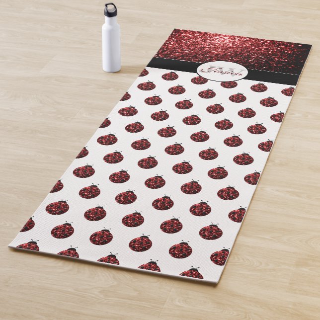 Dark red ladybug faux glitter sparkles Monogram Yoga Mat (In Situ)