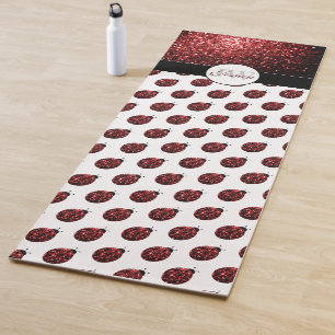 Dark red ladybug faux glitter sparkles Monogram Yoga Mat