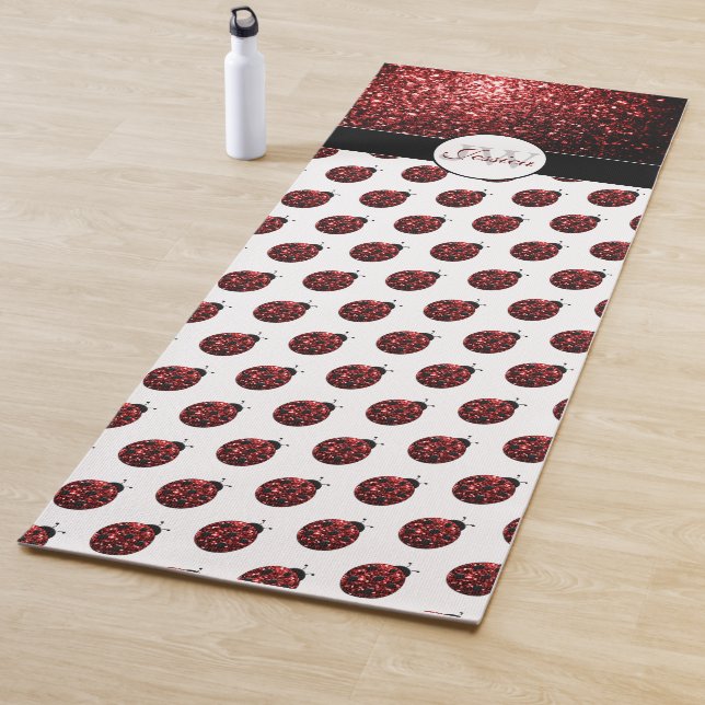 Dark red ladybug faux glitter sparkles Monogram Yoga Mat (In Situ)