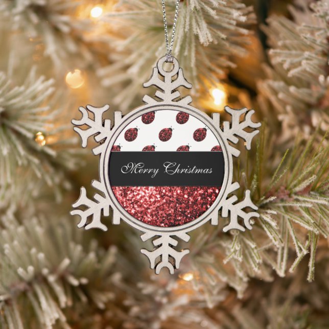 Dark red ladybug faux glitter sparkles Personalize Snowflake Pewter Christmas Ornament (Tree)