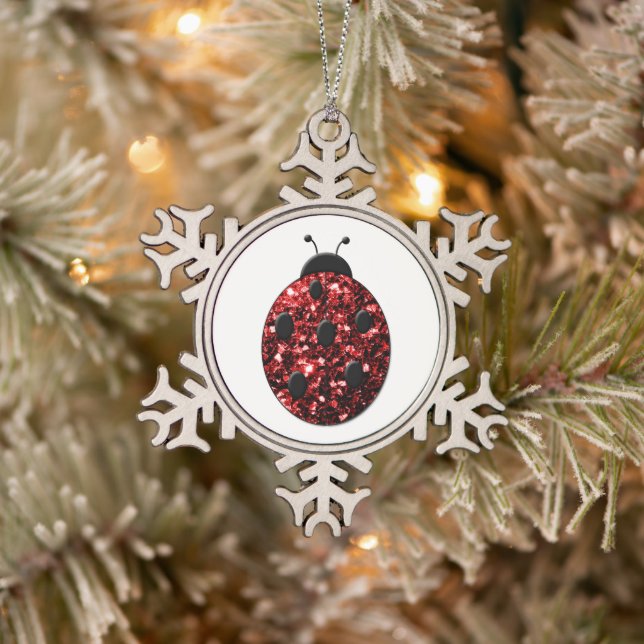 Dark red ladybug faux glitter sparkles snowflake pewter christmas ornament (Tree)
