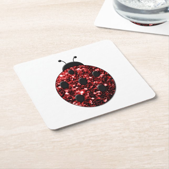 Dark red ladybug faux glitter sparkles square paper coaster (Angled)