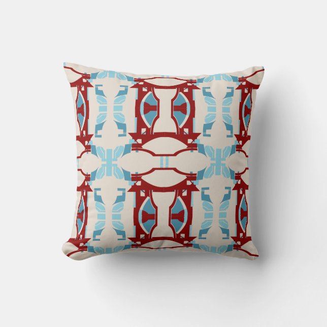 Dark Red Light Blue on Beige Large Tiles Throw Pillow (Front)