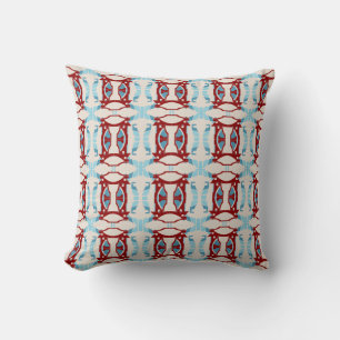 Dark Red Light Blue on Beige Small Tiles Throw Pillow