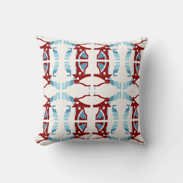 Dark Red Light Blue on Off-white Large Tiles Throw Pillow (Front)