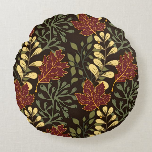 Dark red maple leaves floral pattern round pillow (Front)