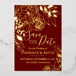 Dark Red Maroon & Gold Modern Floral Save the Date
