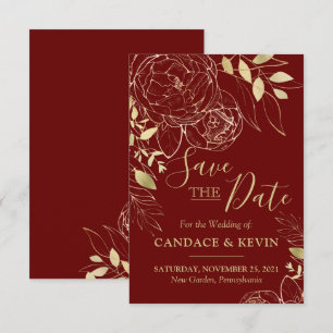 Dark Red Maroon & Gold Peony Modern Floral Wedding Save The Date