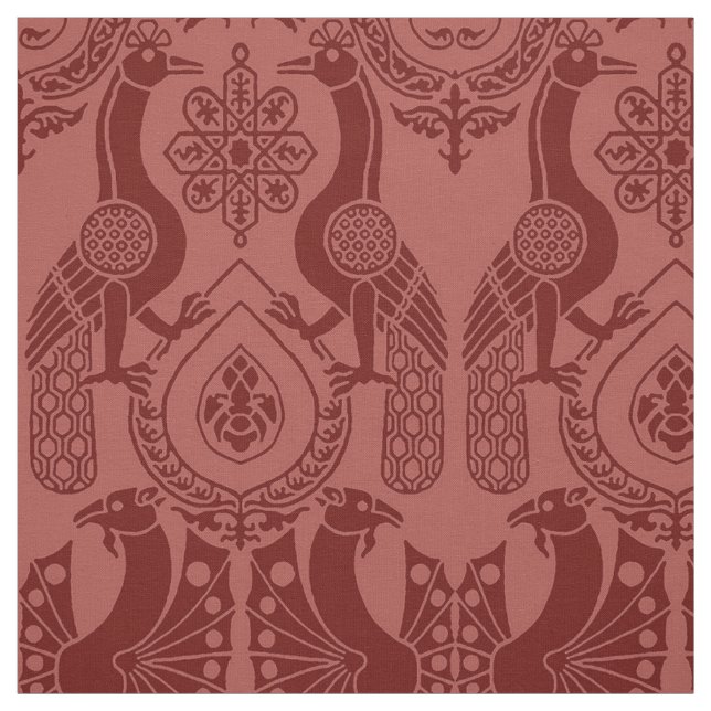 Dark Red Medieval Peacocks and Dragons Fabric (Swatch)