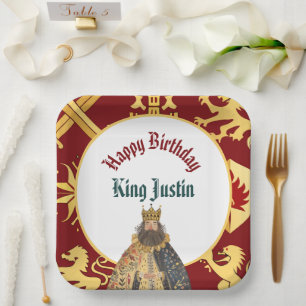 Dark Red Medieval Renaissance King Birthday Paper Plate