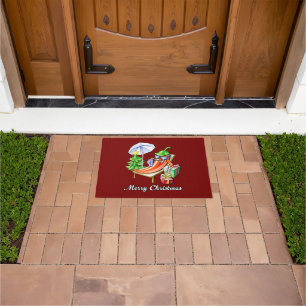 Dark Red Merry Christmas Cartoon Chili Doormat
