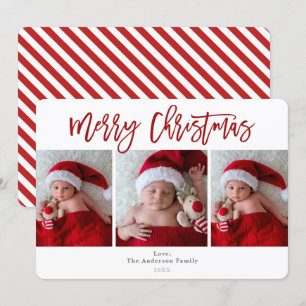 Dark Red Merry Christmas Holiday 3 Photos Photo Invitation
