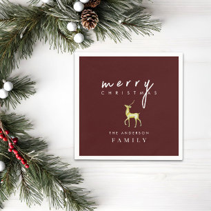 Dark Red Minimalist Watercolor Reindeer Christmas Napkin