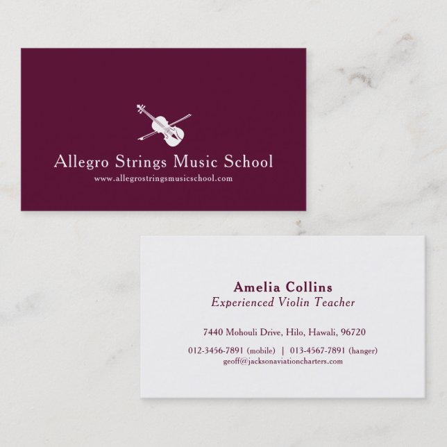 Dark red modern violin strings business card (Front/Back)