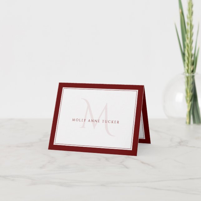 Dark Red Monogram Chic Personal Professional Note Card (Front)