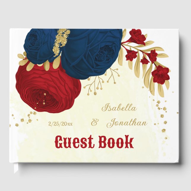 dark red & navy blue flowers gold wedding guest book (Front)