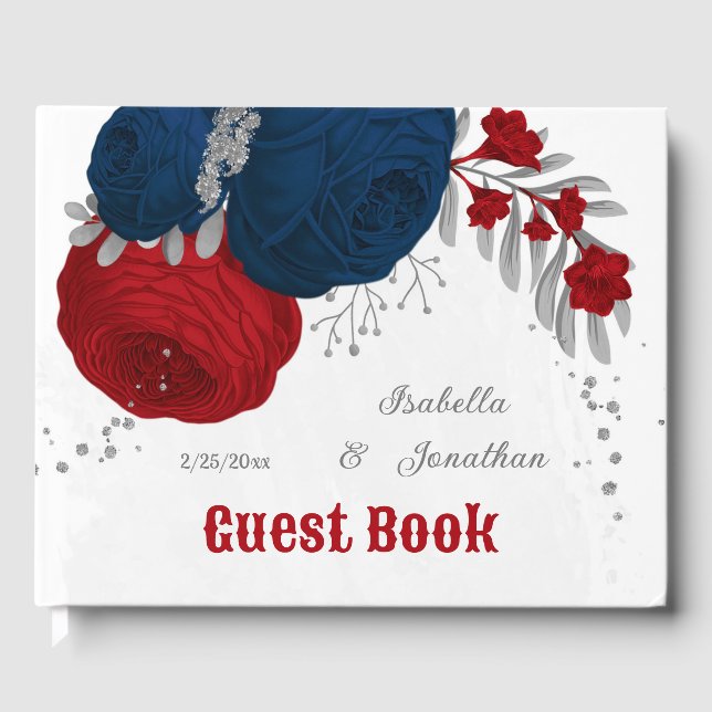 dark red & navy blue flowers silver botanical guest book (Front)