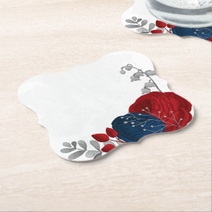dark red & navy blue flowers silver paper coaster