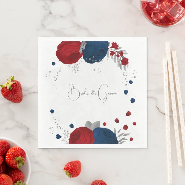 dark red & navy blue flowers silver wedding  napkin (Insitu)
