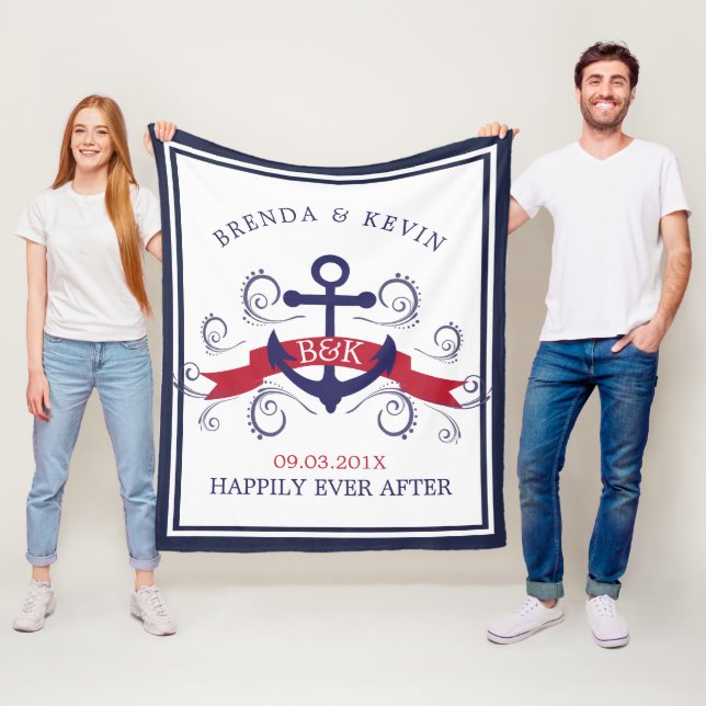 Dark-red & navy-blue nautical anchor fleece blanket (In Situ)