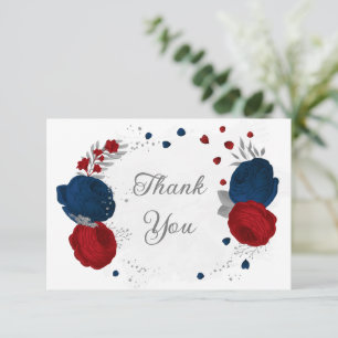 dark red & navy flowers silver botanical wedding thank you card