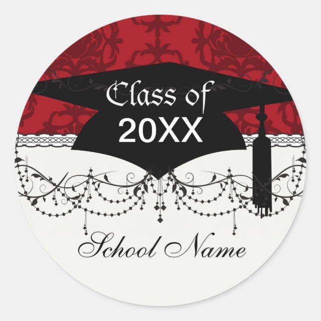 dark red on red damask two tone pattern graduation classic round sticker (Front)