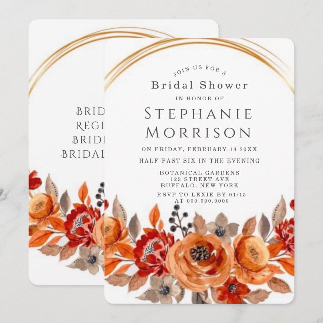 Dark Red Orange Floral Geometric Bridal Shower Invitation (Front/Back)
