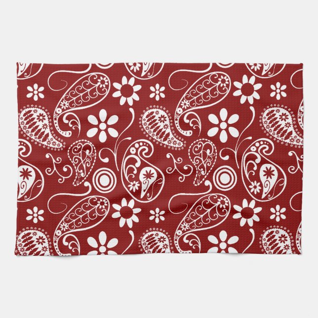 Dark Red Paisley; Floral Kitchen Towel (Horizontal)
