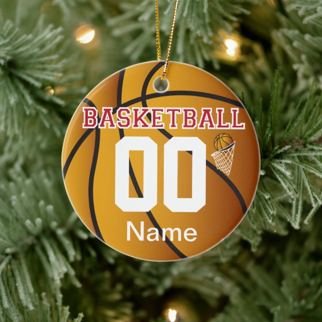 Dark Red Personalize Basketball with Number Ceramic Ornament (Tree)