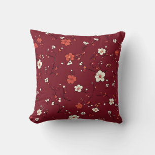 Dark Red Pillow with Tiny White and Pink Blossoms