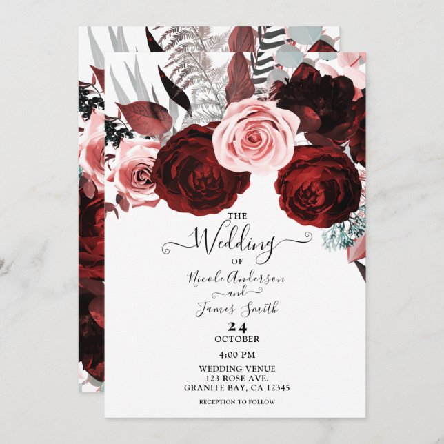 Dark Red & Pink Floral Greenery White Wedding Invitation (Front/Back)