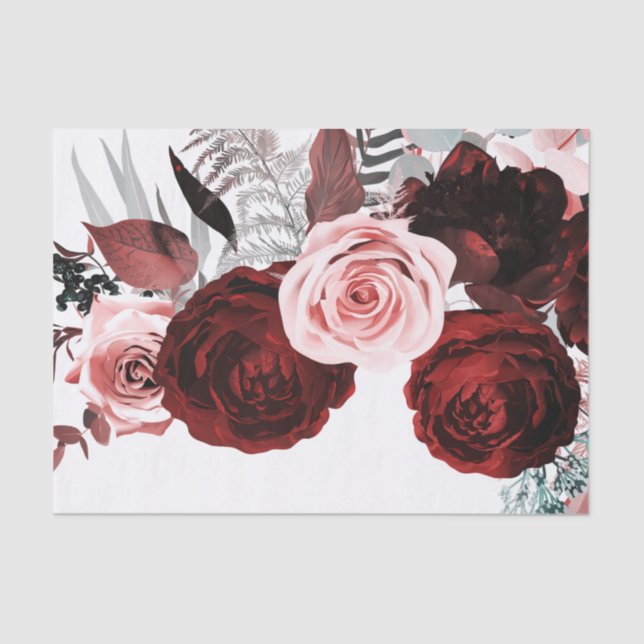 Dark Red & Pink Floral Greenery White Wedding Tissue Paper (Front)