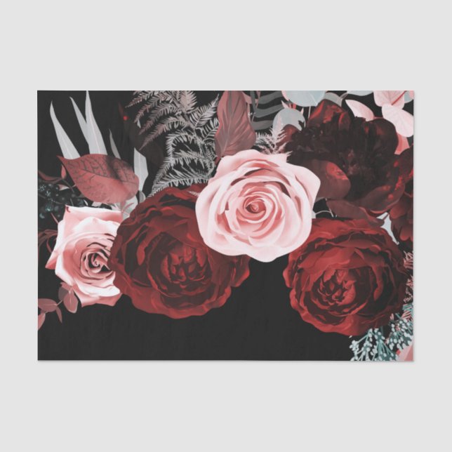 Dark Red & Pink Flowers Floral Greenery Wedding Tissue Paper (Front)