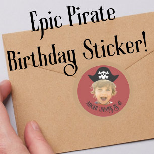 Dark Red Pirate Hat Photo Sticker With Name & Age