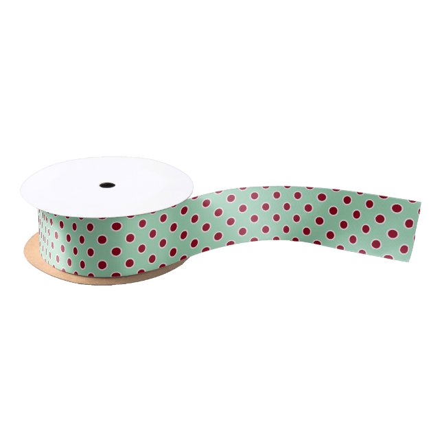 Dark Red Polka Dots on Mint Green Ribbon Satin Ribbon (Spool)